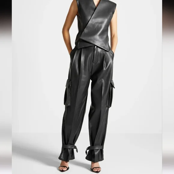 Maniere De Voir Leather Pleated Cargo Trousers in Black 12 Wide-Leg Avante Garde - Picture 1 of 9